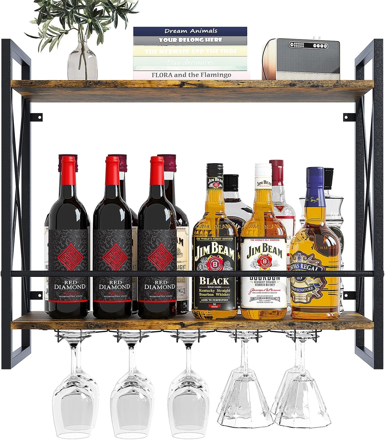 Dokser Wine Rack Wall Mounted 2 Tier Shelf, Wall Wine Rack with Rustic Wood & Industrial Iron Frame, Wine Bottle Holder for Kitchen, Dining Room, Home Bar Decor (Brown) Short Brown