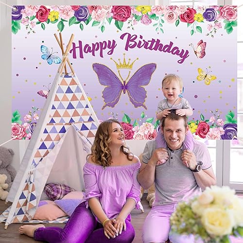 Miniatura 8 de Banner de mariposa de feliz cumpleaños decoraciones de mariposa morada para niñas y mujeres telón de fondo de mariposa para baby shower y