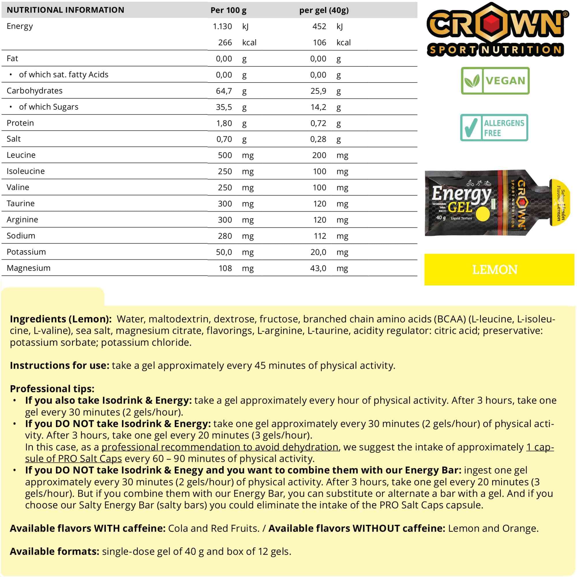 Crown Sport Nutrition Energy Gel | Carbohidratos + BCAA, Arginina, Taurina y Electrolitos | Textura líquida, con y sin cafeína | Vegano | Sin alérgenos