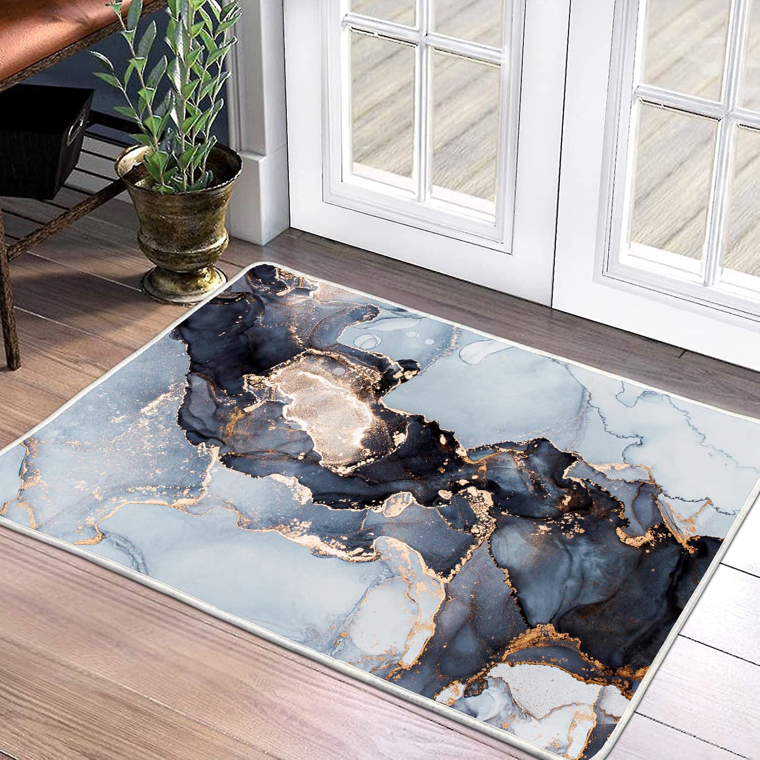 ARTCREATOR Modern Abstract Area Rug - 2x3ft Blue Marble Texture Bath Mat, Non-Slip Washable Low-Pile Rug for Bathroom Kitchen Decor