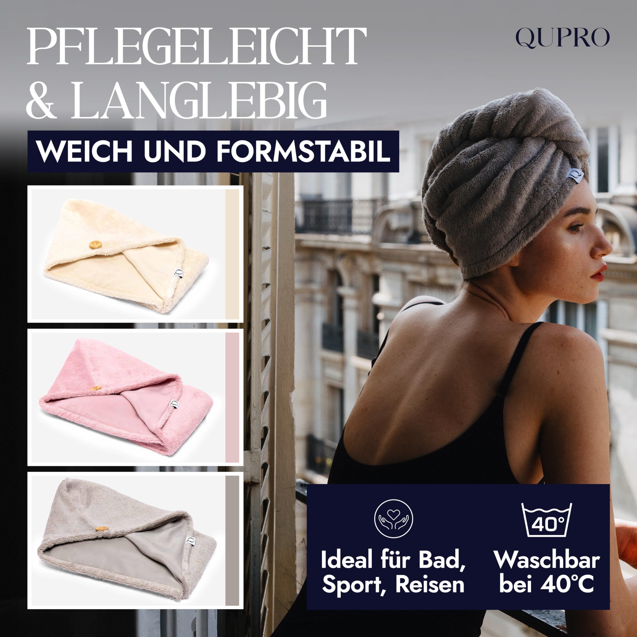 Haarturban I Turban Handtuch mit Knopf & Gummiloop I Handtuchturban mit veganer Seide & Baumwolle I Haarhandtuch - Ideal für lange Haare, Locken & Mehr I Kopfhandtuch mit Knopf | Hair Towel