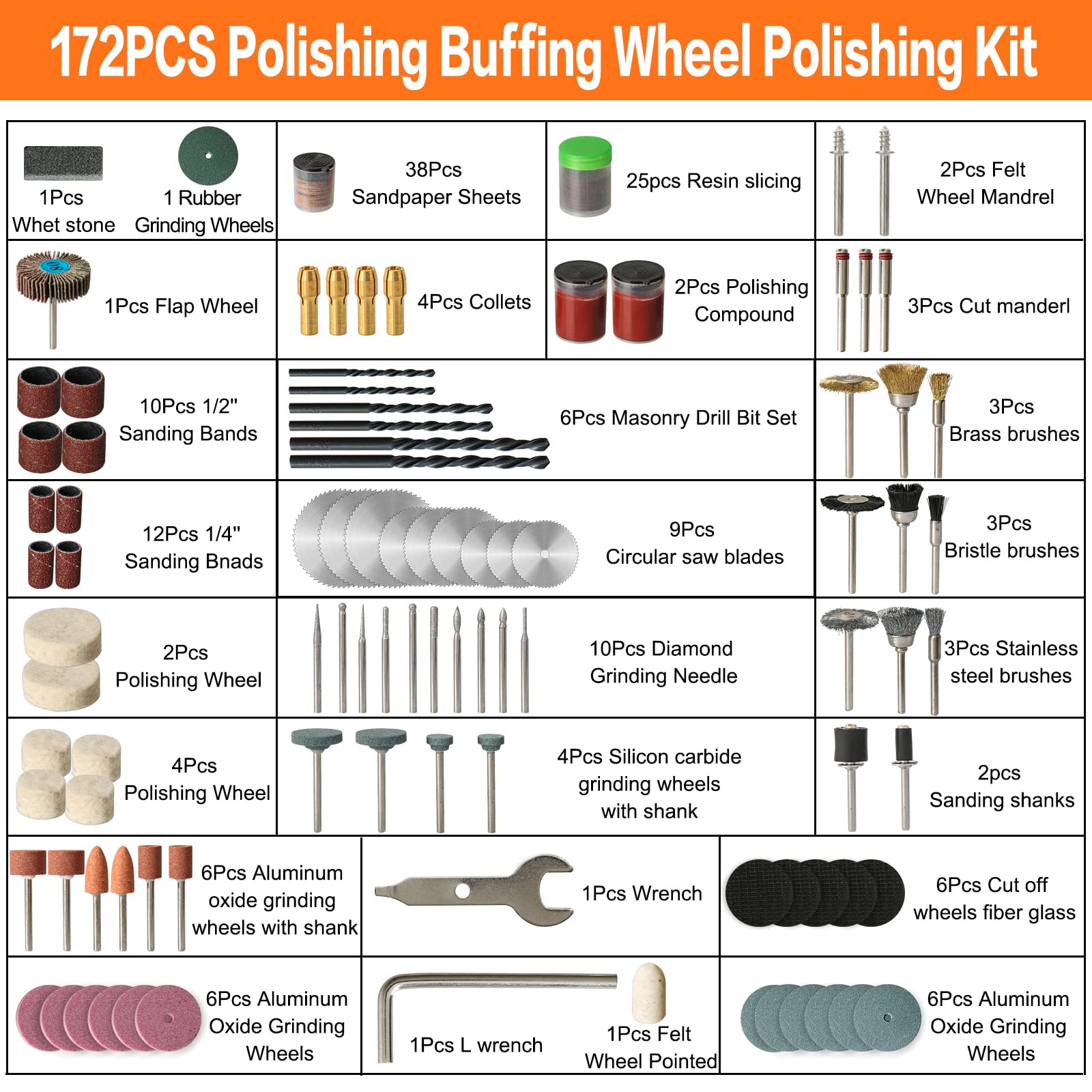 HOMEIDOL Kit di accessori per utensili rotanti con codolo da 172 pezzi, include punte da intaglio, punte da trapano, tamburi e dischi abrasivi, pietre abrasive, ruote per lucidatura, dischi da taglio