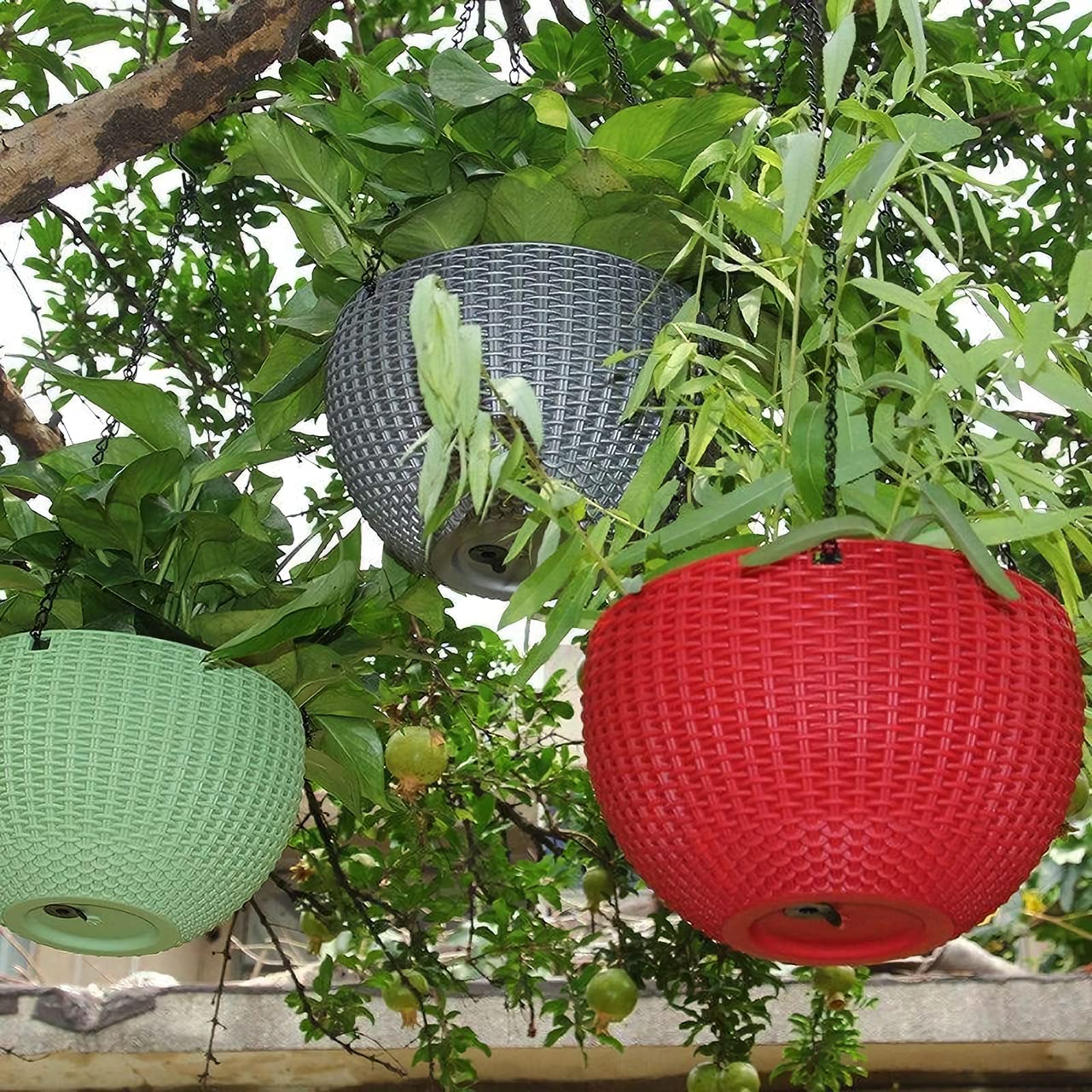 2 sztuki wiszących doniczek na zewnątrz, Ø 35 cm, do samodzielnego nawadniania, wisząca doniczka do użytku na zewnątrz, z tworzywa sztucznego, wiszące doniczki z nierdzewnymi łańcuchami, do