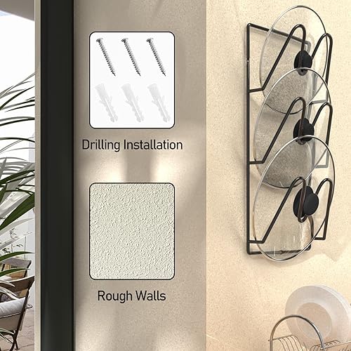 Miniatura 6 de Paquete de 2 organizadores de tapas de ollas, 6 niveles para ollas y sartenes, organizador de tapas para gabinete o paredpuerta, almacenamiento de