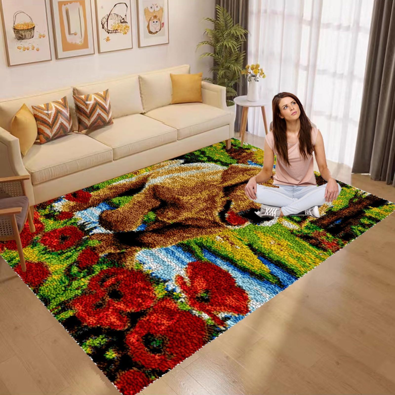 Golden Retriever - Kit per ricamo fai da te con fiori rossi, perfetto per adulti e bambini, kit di filato per uncinetto facile, 78,7 x 160 cm, tela artistica