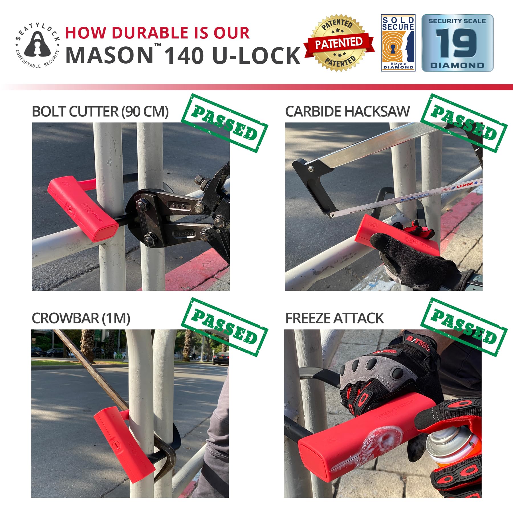 Seatylock Mason - Lucchetto a "U" per bici - Lucchetto antifurto a diamante brevettato, resistente, ultra sicuro, per la sicurezza delle biciclette, con chiavi, per biciclette elettriche urbane o da