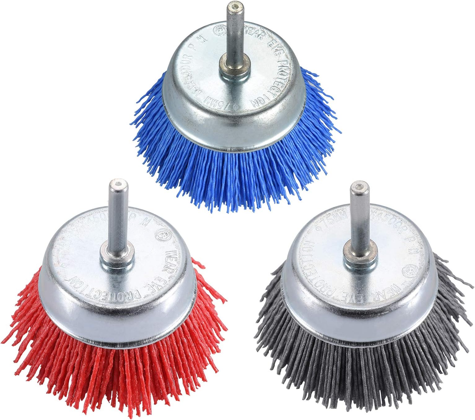 TILAX3 Inch Abrasive Wire Cup Brush Assorted Cup Brushes 3 Pcs, Nylon Cup Brush for Drill 1/4" Arbor, Grit 80# 120# 320# Cleaning Rust, Stripping and Abrasive, for Drill Attachment