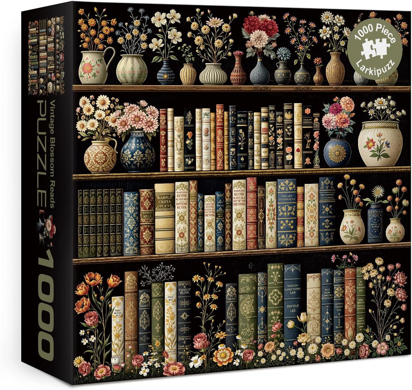 Vintage Book Flower Puzzles for Adults 1000 Pieces, Beautiful Wildflower Bookshelf Jigsaw Puzzle, Difficult Plant Library Art Puzzles