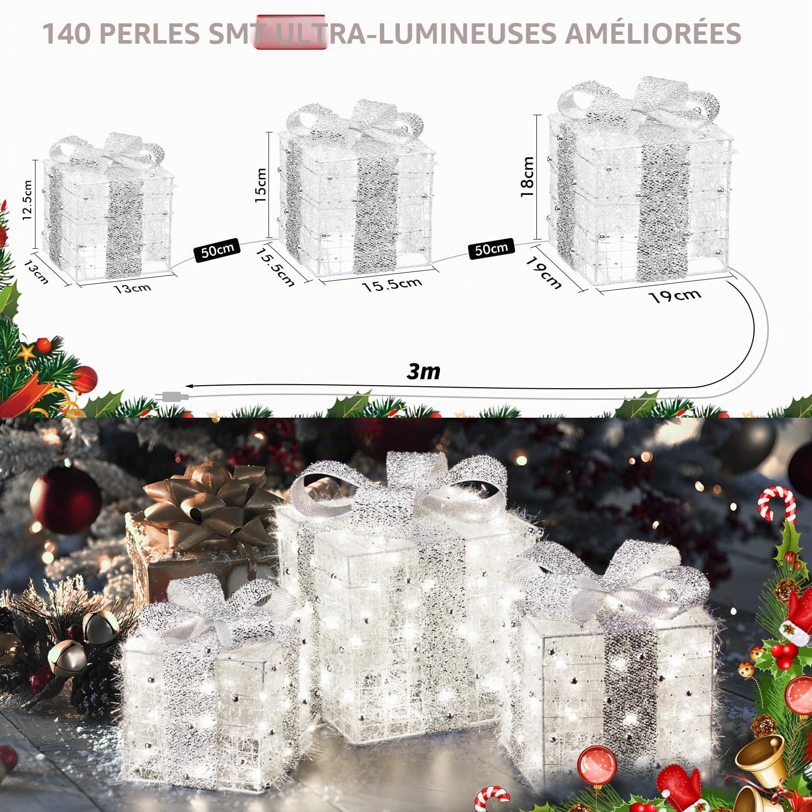 Boîtes Cadeaux Lumineuses de Noël avec 140 LED, Lot de 3 Boîtes de Noël avec 8 Modes Impermeable Con Memoria,Boîte Cadeau de Ruban de Tissu en Peluche avec Plug(Blanc Chaud)