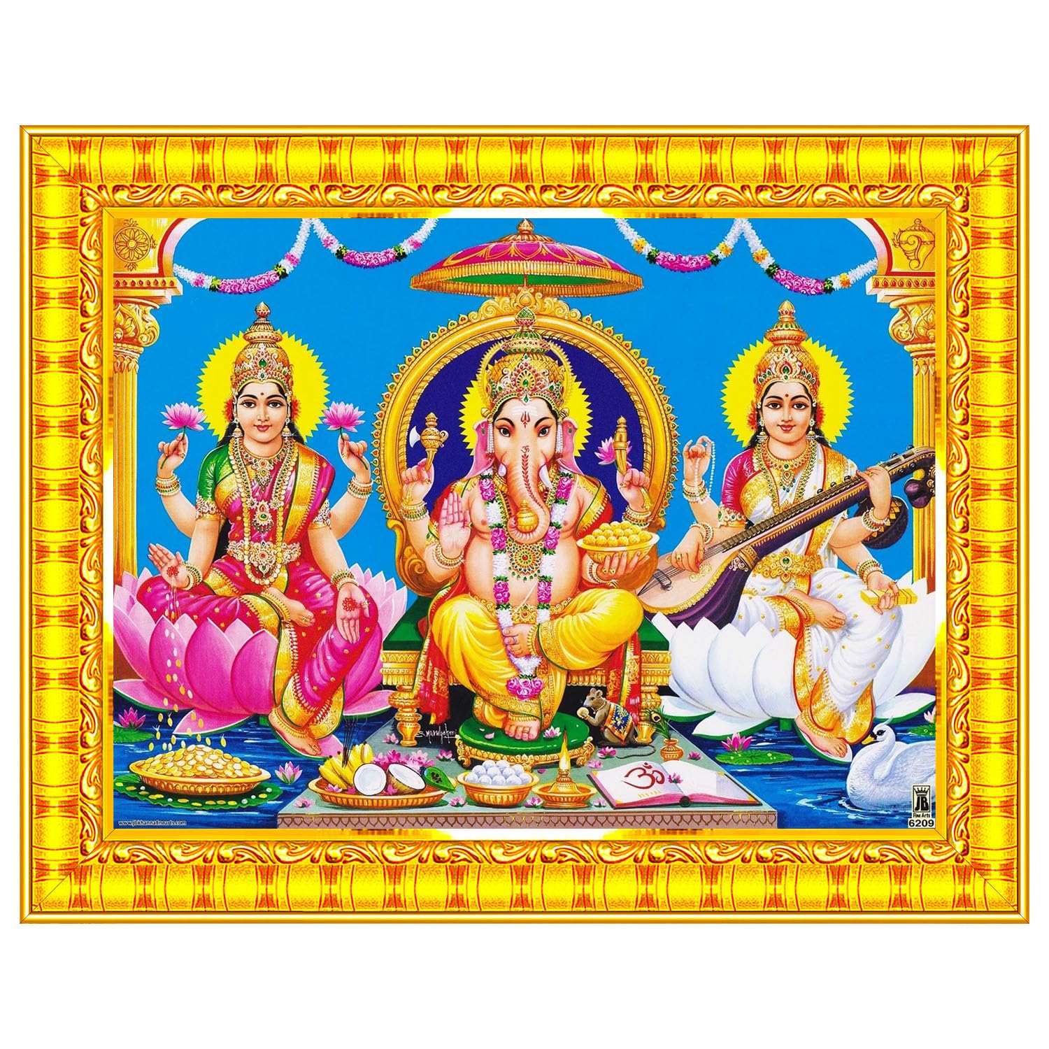 Pavan Photo Laminations Goddess Lakshmi Devi Ganesha Saraswati Hanging Wall Painting Framed Home Decor (Wood,Matte,Gold,Small Size,6x8 Inch) R384S