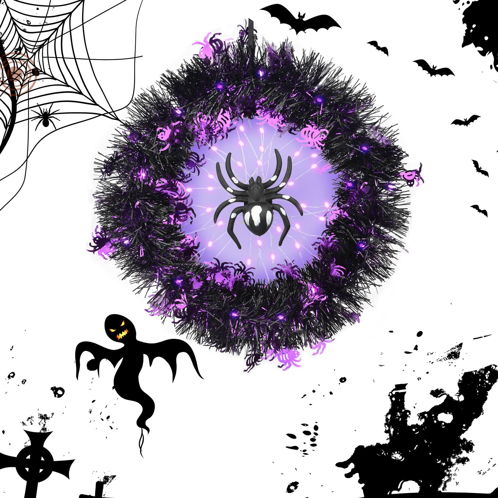 Halloween Türkranz mit Lichtern, künstliche Spinne Girlande Halloween Deko mit violetten Lichtern Halloween Dekorationen für Außen Innen Wand Atmosphere Decoration LED