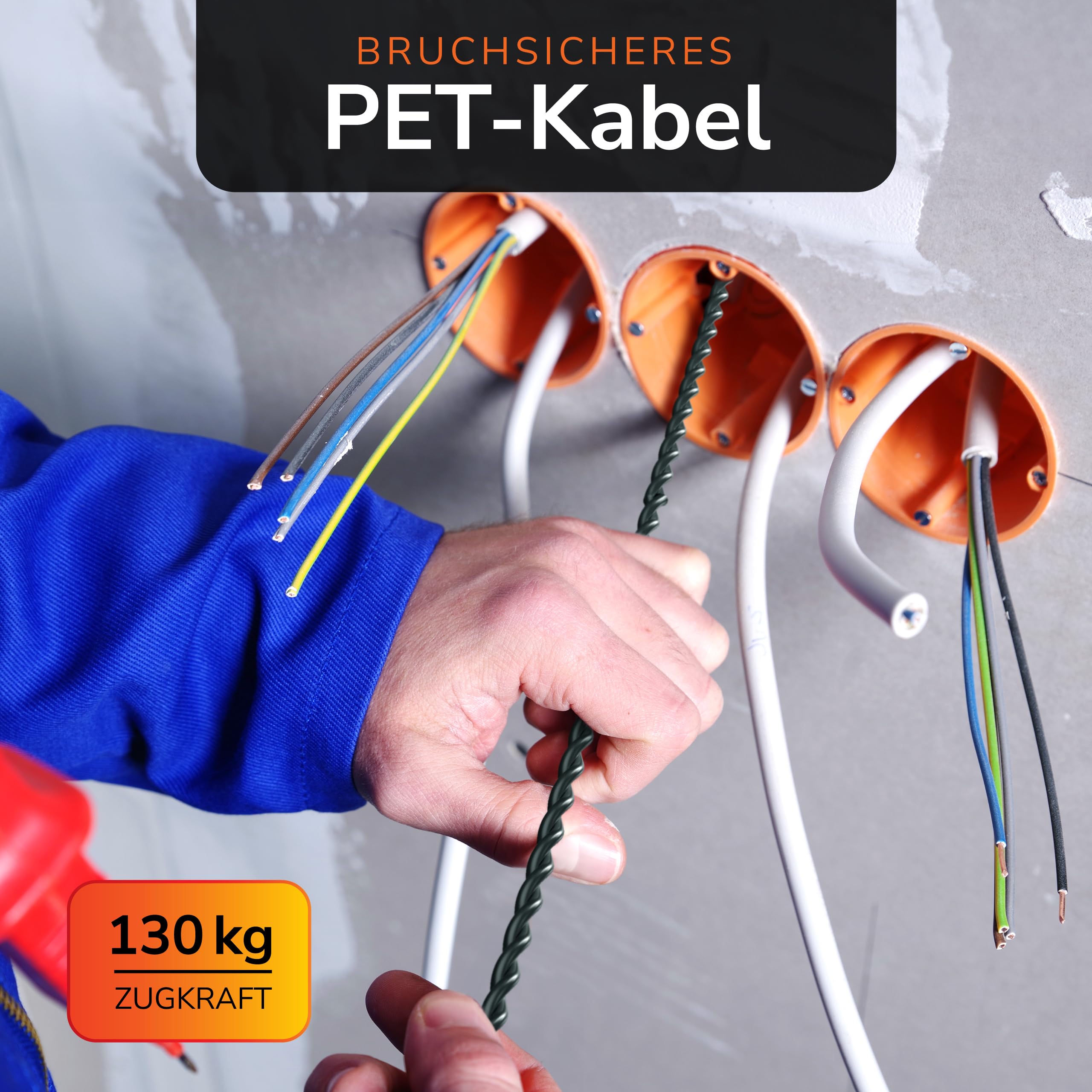 Kabeleinziehhilfe 30m – Flexible Einziehfeder und Zugdraht für Leerrohre – Kabelziehhilfe inkl. 5 Adapter – Langlebige Kabel Einzugshilfe für Elektroarbeiten – Hochwertige Einziehspirale