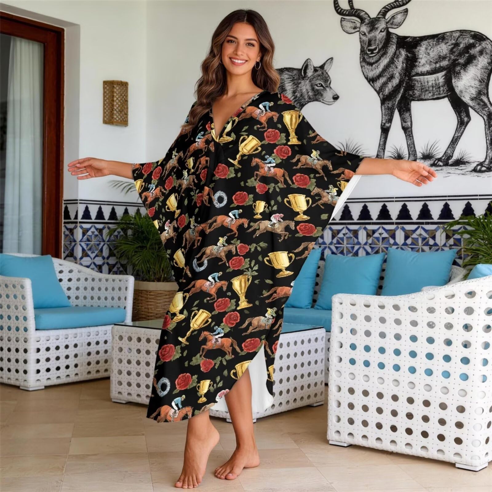 Damska letnia kaftanowa okrycie plażowe rękawy nietoperz maxi sukienka plażowa dekolt w serek okrycie plus size odzież domowa