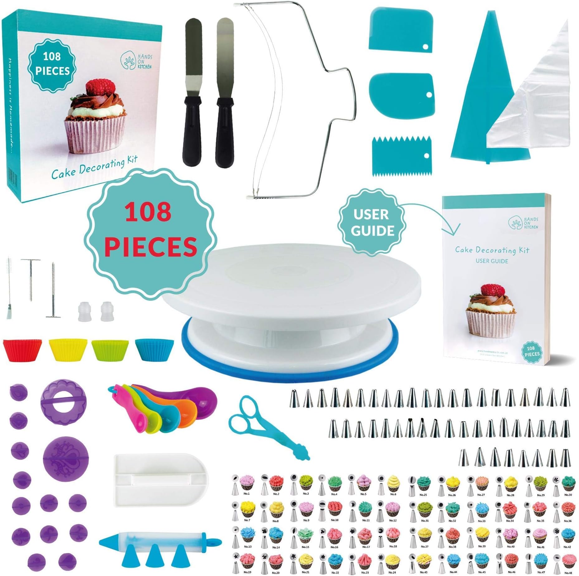 108 Pcs Cake Decorating KIT | Non-Slip Turntable | Leveler 2-Wire | 48 Numbered Icing Tips | Straight & Angled Spatulas | 10 Pastry Bags & Silicone Bag | 2 Flowers Nails & Lifter | Gift Box