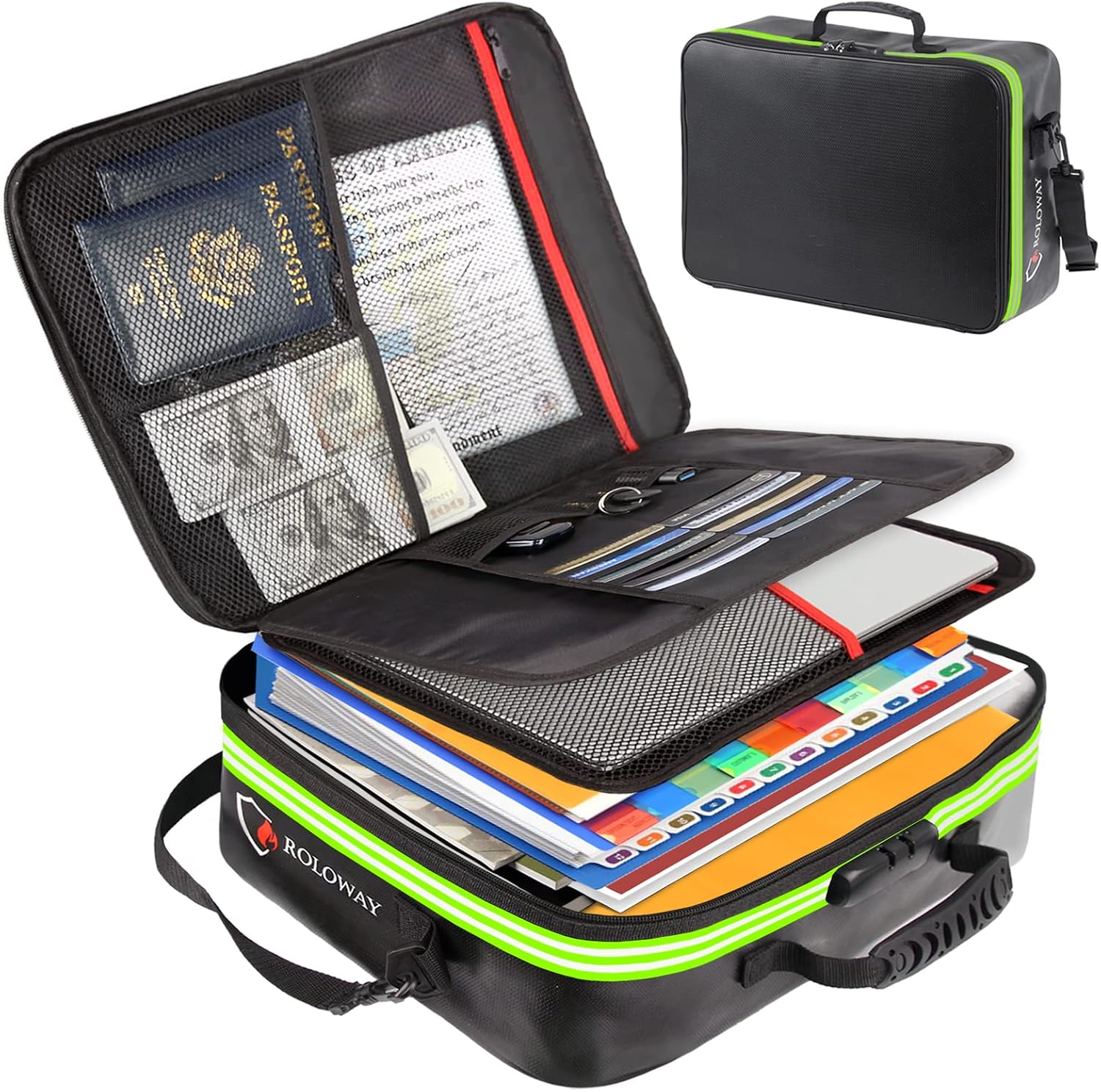 ROLOWAY Fireproof Document Bag with Lock & Reflective Strip (17 x 11.8 x 5 inch), Fireproof Safe Document Organizer, Important Document Storage Bag with Multi-Layer File Organizers (Black)