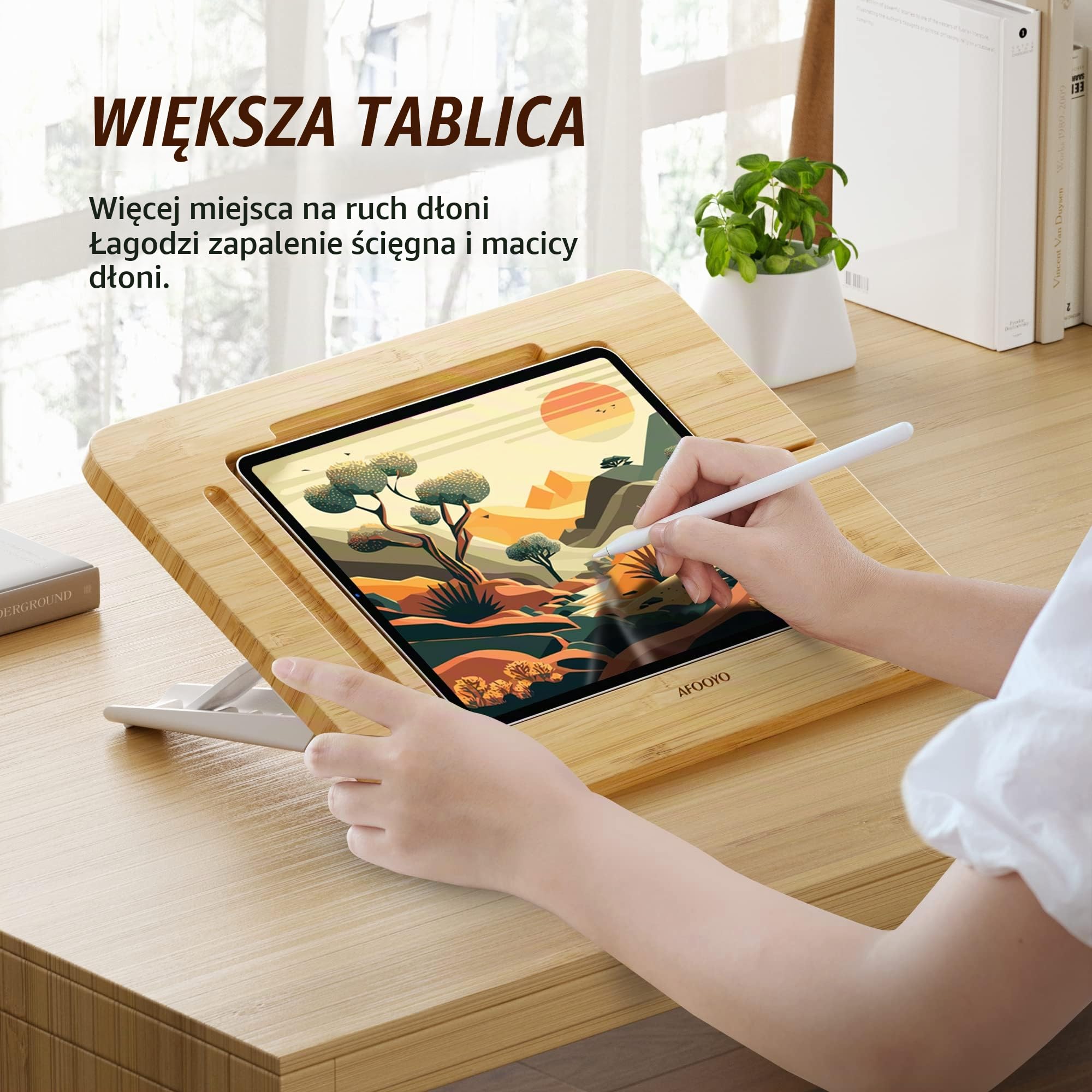 AFOOYO Bambusowy stojak do rysowania na tablet, przenośny i regulowany, 5 kątów, stojak na laptopa, stojak do czytania książki, kompatybilny z 9,7/10,2/10,5/10,9/11 cala