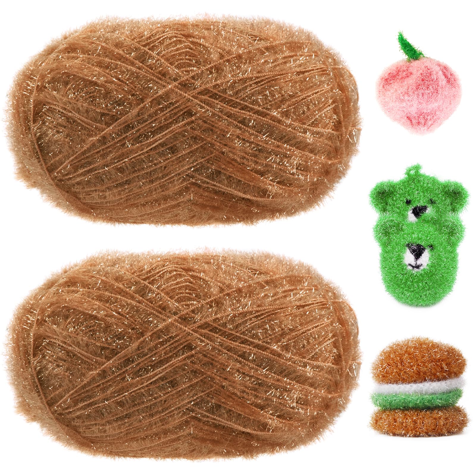 Uiopa Glitter Yarn for Crochet 2 Skeins (2 x 100g, 2 x 200m) Scrubby Yarn Fluffy Polyester Cord for Crocheting Knitting Dishcloths Washcloths Home Decor DIY Crafts (Camel)