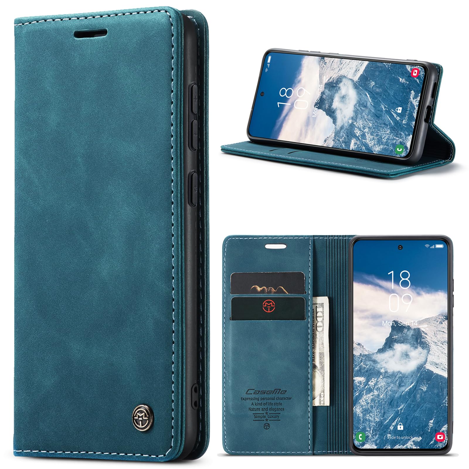 Azororo Cover per Samsung Galaxy S24 FE 5G, Premium PU Pelle Custodia, Magnetica Carta Fessura Portafoglio Case, Flip Cavalletto Custodia per Samsung Galaxy S24 FE- Blu verde