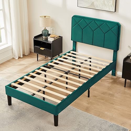 Miniatura 53 de VECELO Base de cama de tamaño matrimonial con plataforma tapizada de terciopelo de alta calidad con cabecera ajustable en altura / base de colchón,