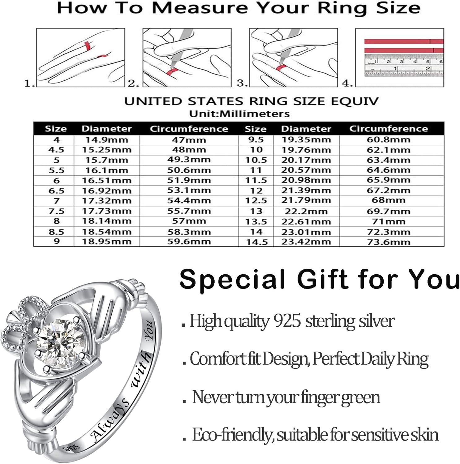 Hug Heart Claddagh Rings for Women - 925 Sterling Silver Irish Claddagh Love Friendship Promise Ring Band Always with You Gift Jewelry - Image 6