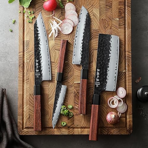 Miniatura 3 de HEZHEN Juego de cuchillos de cocina 4 piezas, cuchillo de chef de acero revestido Nakiri forjado Santoku, mango octogonal de madera