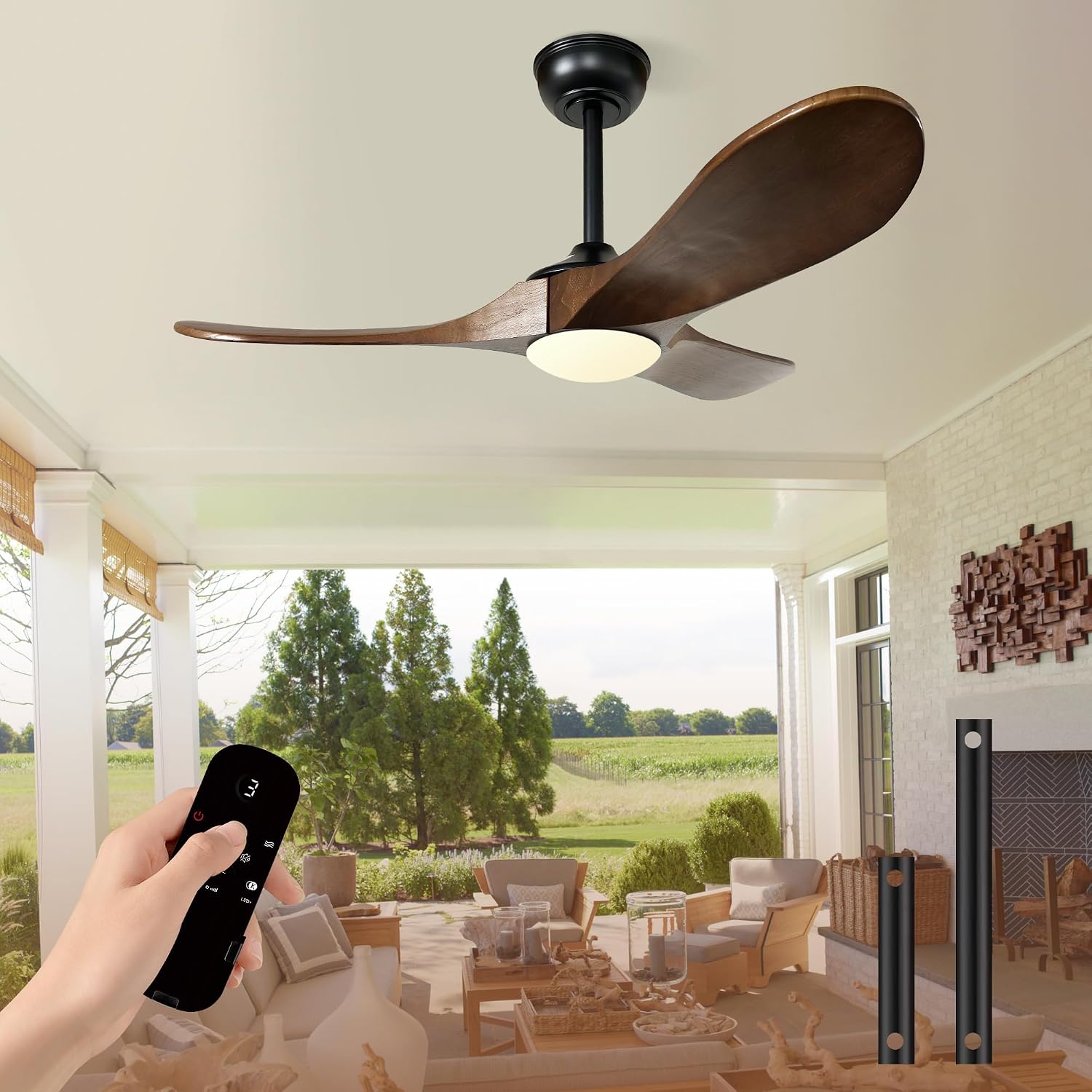 42" Solid Wood Ceiling Fan with Lights,Quiet Operation and High Airflow, 3 CCT Dimmable,Outdoor Ceiling Fan for Living Room,Bedroom(Black+Dark Walnut)
