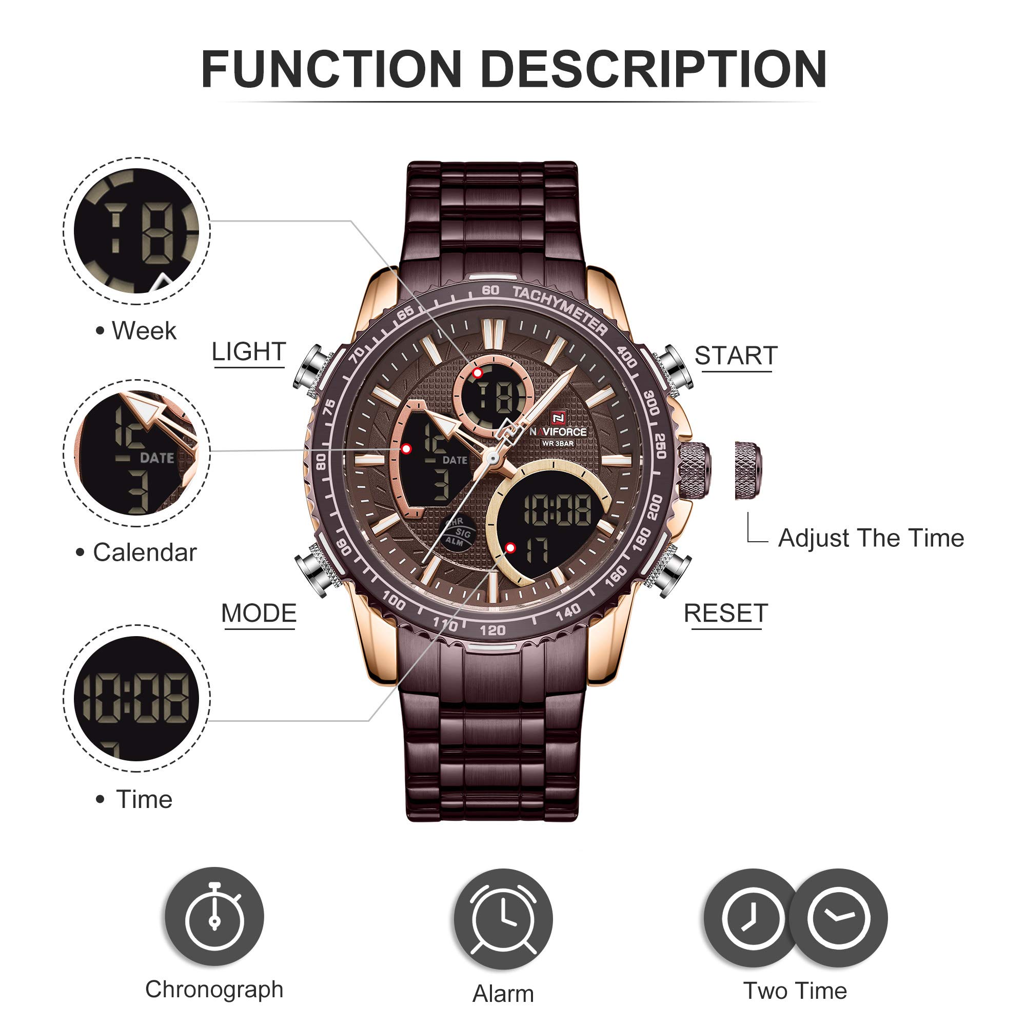Naviforce Orologio Cronografo Sportivo Digitale da Uomo Orologio Multifunzionale in Acciaio Inossidabile al Quarzo Militare Impermeabile