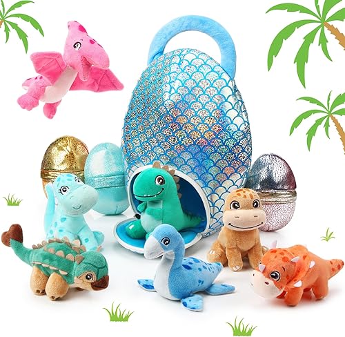 Miniatura 7 de Zhanmai Juego de 11 juguetes de peluche de dragón pequeño de dinosaurio y bolsa de huevo, animales de peluche de dragón, animales de peluche suaves
