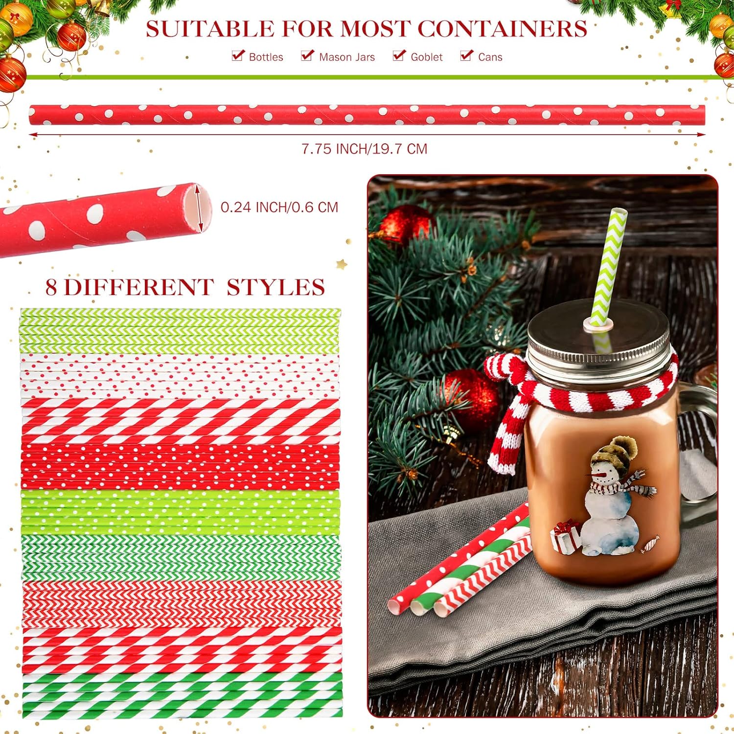 500 Pieces Christmas Paper Straws 8 Styles Disposable Red and Green Paper Straws Stripe Chevron Bicolor Stripe Dot Chevron Straw Mix for Christmas Supplies and Party Favors