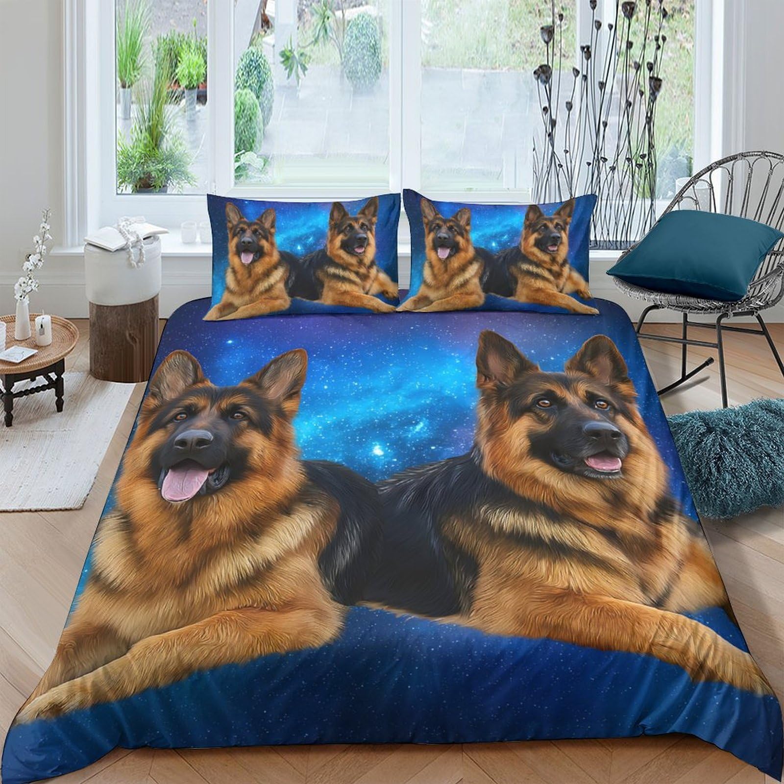 Ctjqhvkz Style-6 3D Printed German Shepherd Dog Fitted Sheet Microfiber Soft Blue Starry Sky Bed Cover Non Slip Bedroom Decor Single（135X200cm）