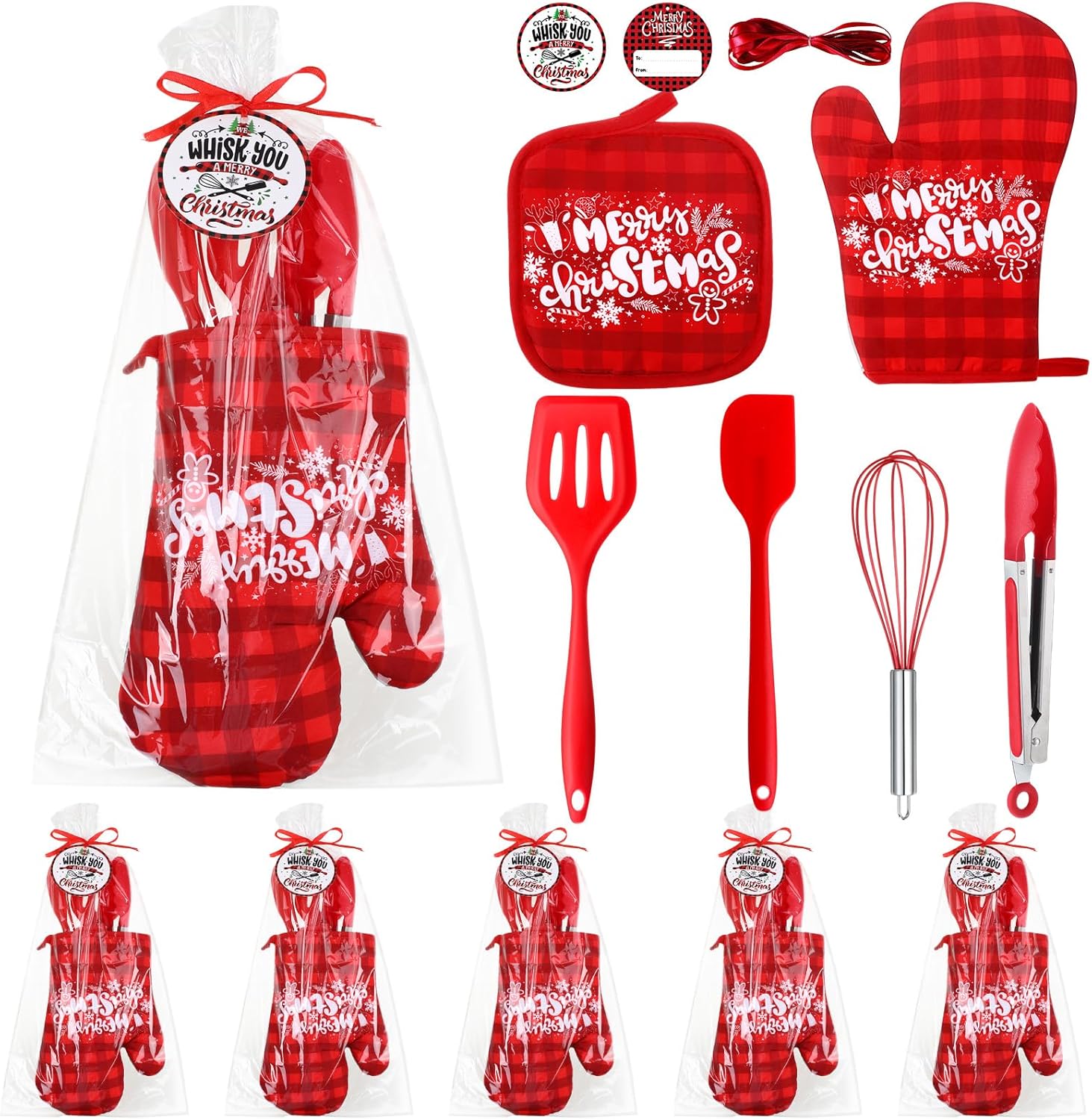 42 Pcs Christmas Baking Set Merry Christmas Oven Mitt and Pot Holders Bulk 10 Inch Red Mini Kitchen Utensil with Christmas Gift Card Christmas Cooking Gift for Xmas Baking Appreciation Gift