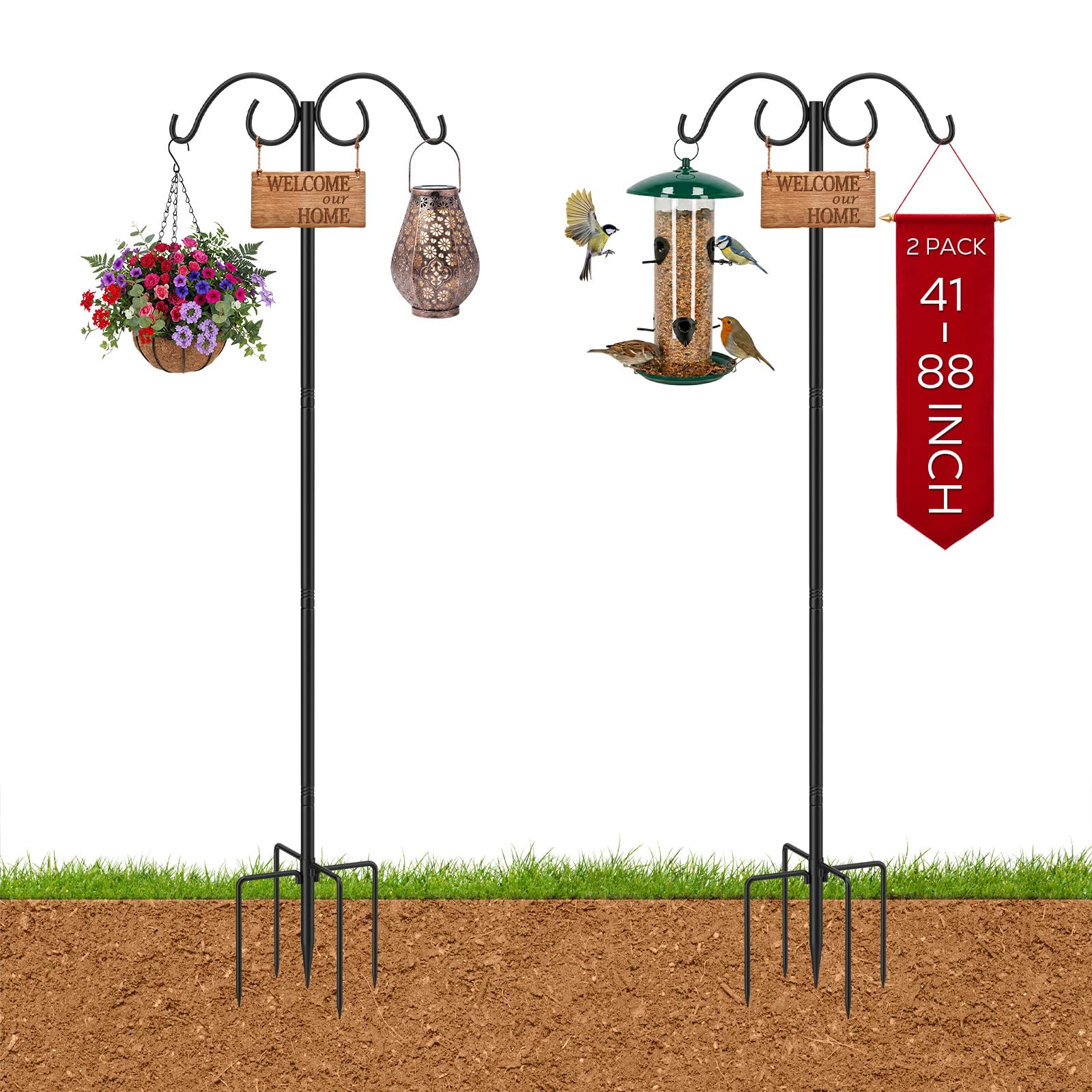 Moko Black-2 Pack Double Shepherds Hooks, 88 In Bird Feeder Pole 0.9 Inthick, 2 Pack