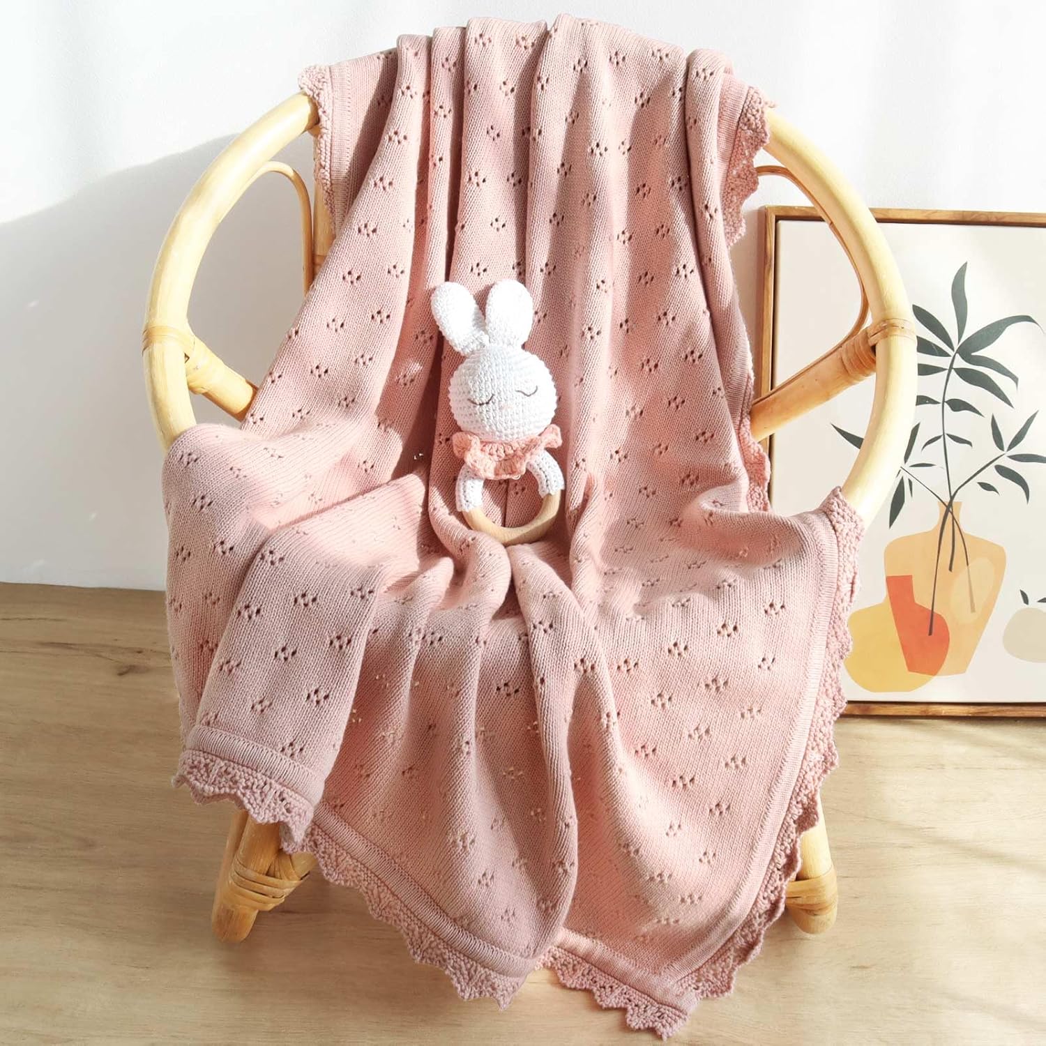 LifeTree Knit Baby Blanket & Hat, 100% Cotton Soft Swaddle & Receiving Blanket for Toddler, Lightweight & Breathable Newborn Blanket Unisex for Crib, Stroller, 31X40 Inches, Shower Registry Gift,Pink