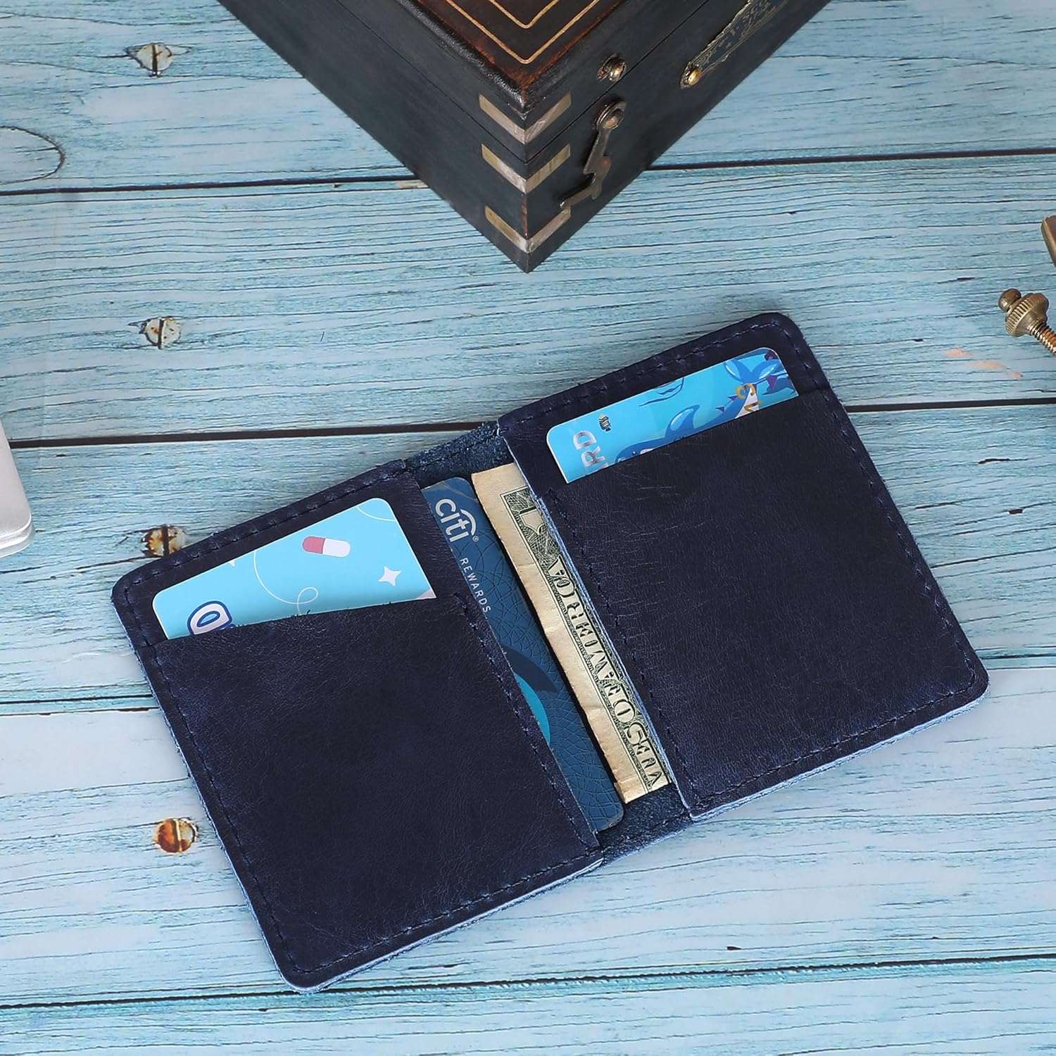 Blue Leather Card Holder for Men & Women - Credit Card Wallet Holds Up to 4 Cards, Compact Money Organizer, Bi-Fold Wallet for Front Pockets, Slim Credit Card Case Holder for Travel - Image 4