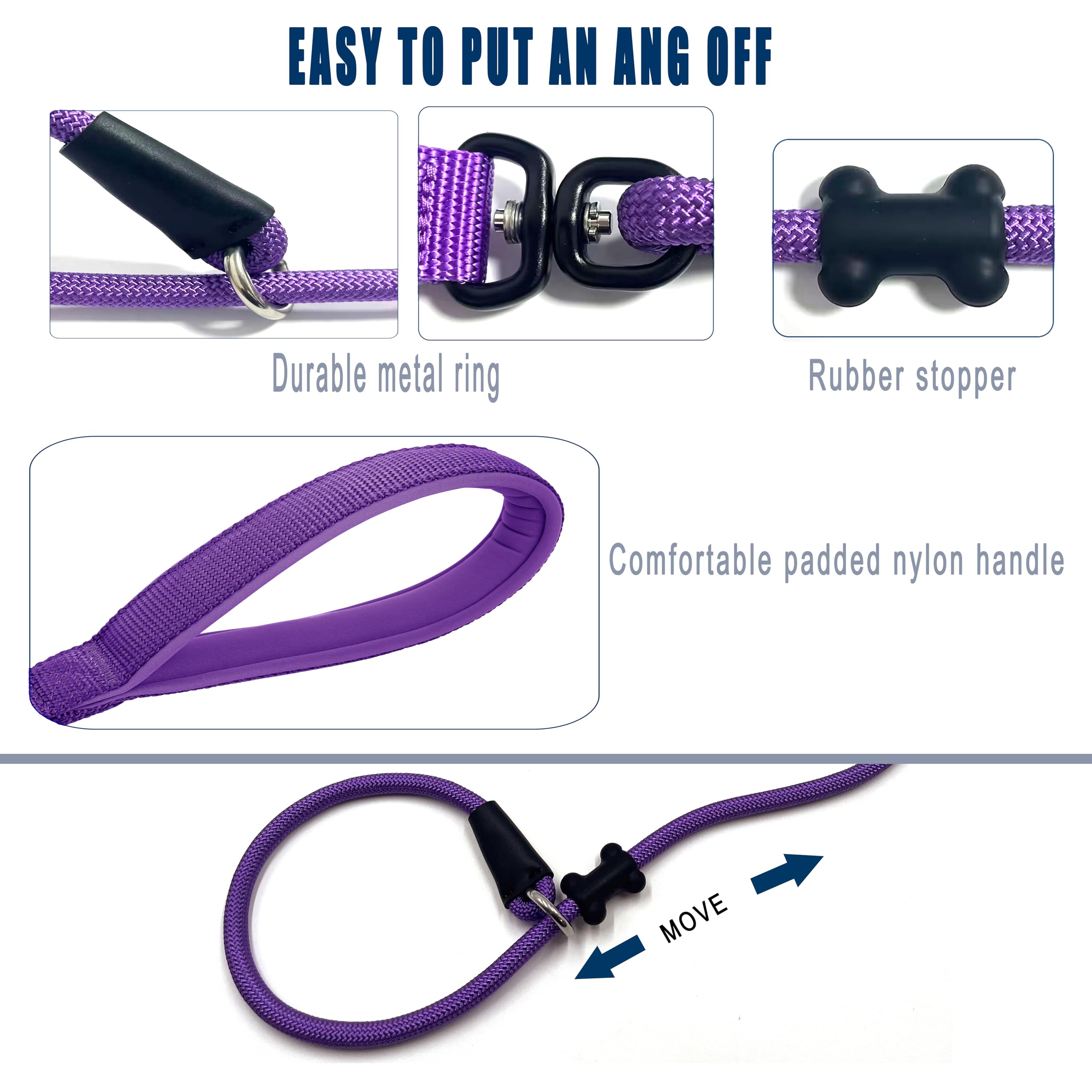 Slip Lead Dog Leash Strong Nylon Rope Leash with Comfortable Handles and Walking Training Lead for Small Medium Large Dogs (Purple - Image 3