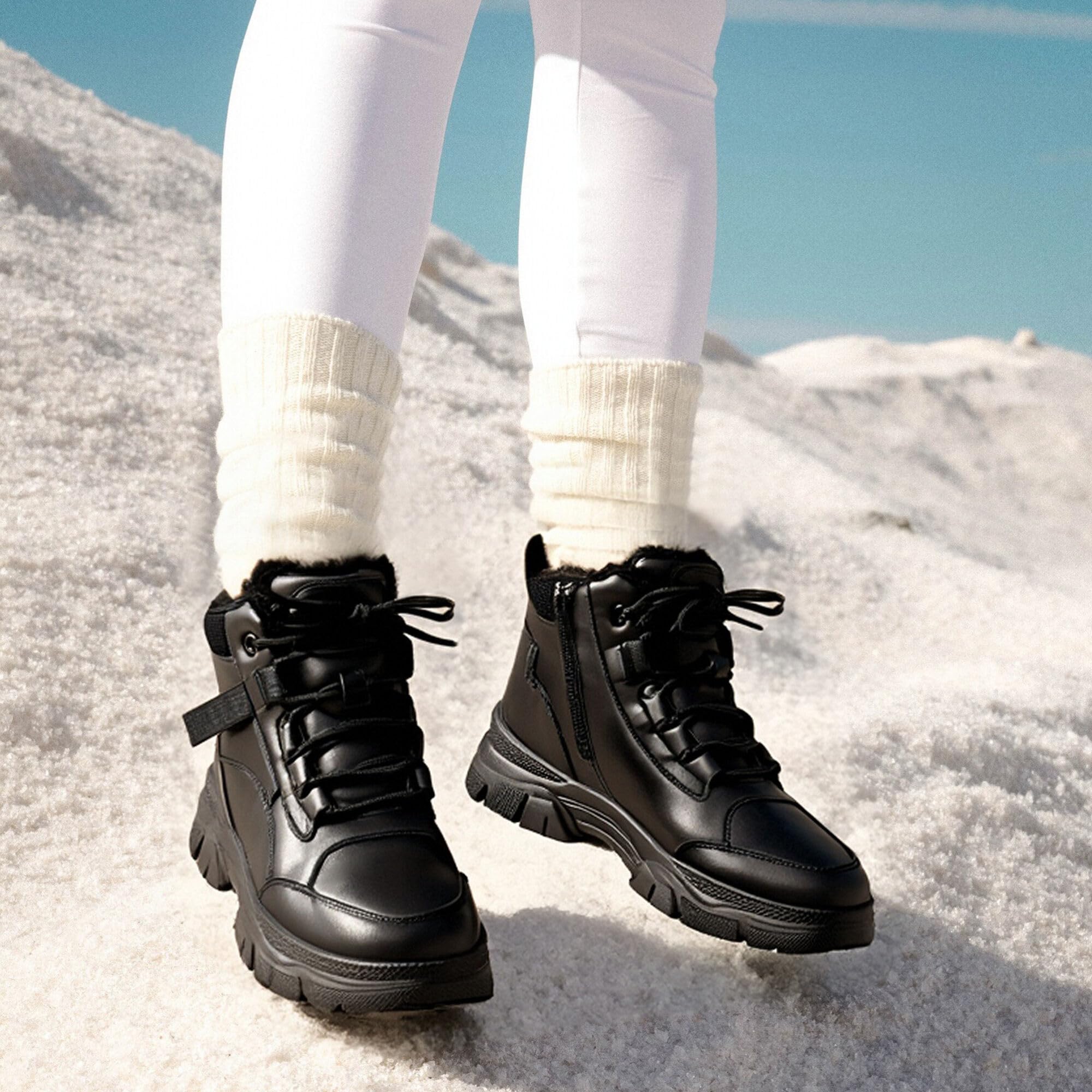 GLAMORA Botas de Nieve para Mujer, Botines de Invierno Impermeables con Forro de Pelo, Plataforma, Suela de Goma Antideslizante, Cremallera Lateral, Cordones y Suela Gruesa