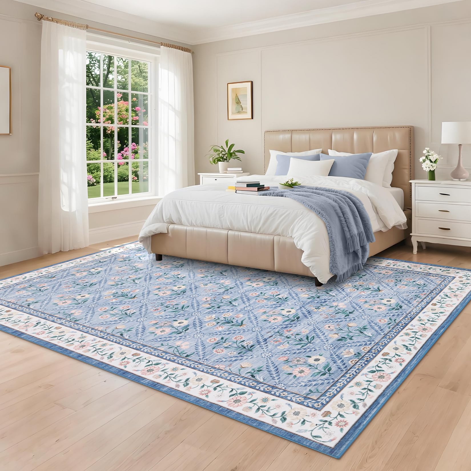 FairyStyle Teppich Wohnzimmer 200x290 cm Kurzflor Vintage Blumen, Blau | Waschbar Blumen Teppich für Kinderzimmer Esszimmer, Vintage Rutschfest Kinderteppich, Rauten Design