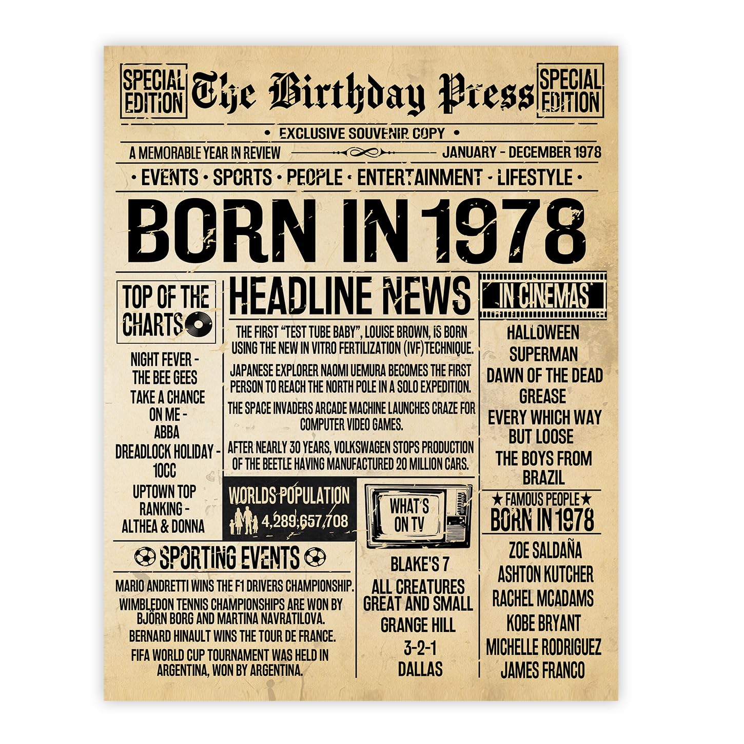 Stuff4 48th Birthday Poster Unframed - Born In 1978 Vintage Newspaper - Happy 48th Birthday Gifts for Women Men Retro Back In 1978, 8x10 Inch Decor Decoration Bday Party