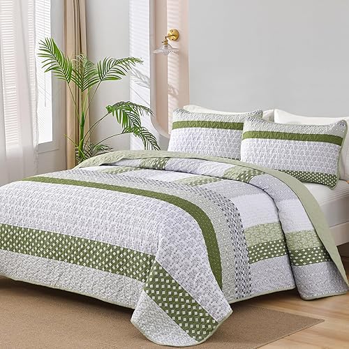 Miniatura 9 de WONGS BEDDING Juego de edredón Boho tamaño Queen, juegos de colcha a rayas bohemio de 3 piezas, juego de ropa de cama acolchada en verde caqui,