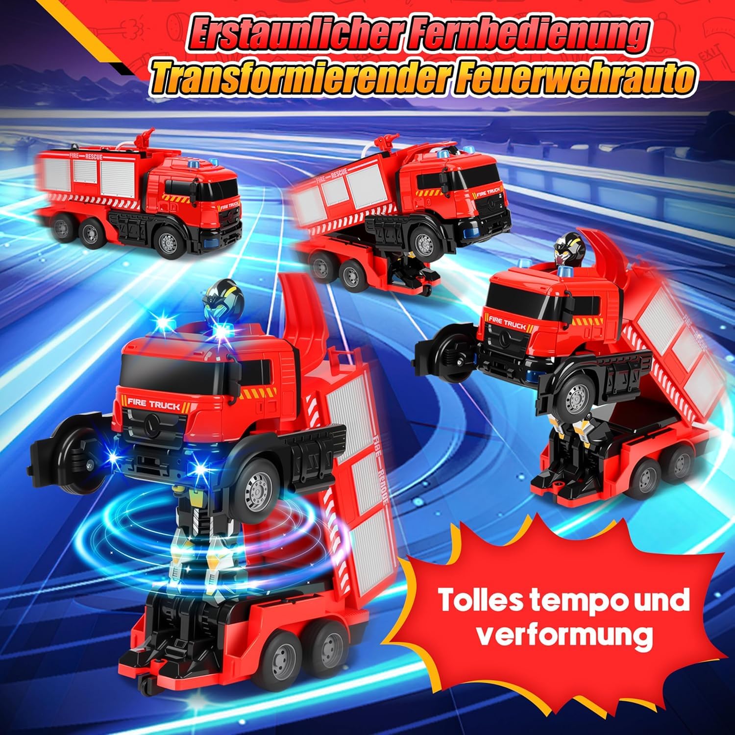 JONRRYIN Camion de pompiers télécommandé, 1:14 Grand jouet de pompiers avec lumière et son, jet d'eau, transformateur 2 en 1, voiture télécommandée jouet, voiture jouet enfants cadeaux de Noël