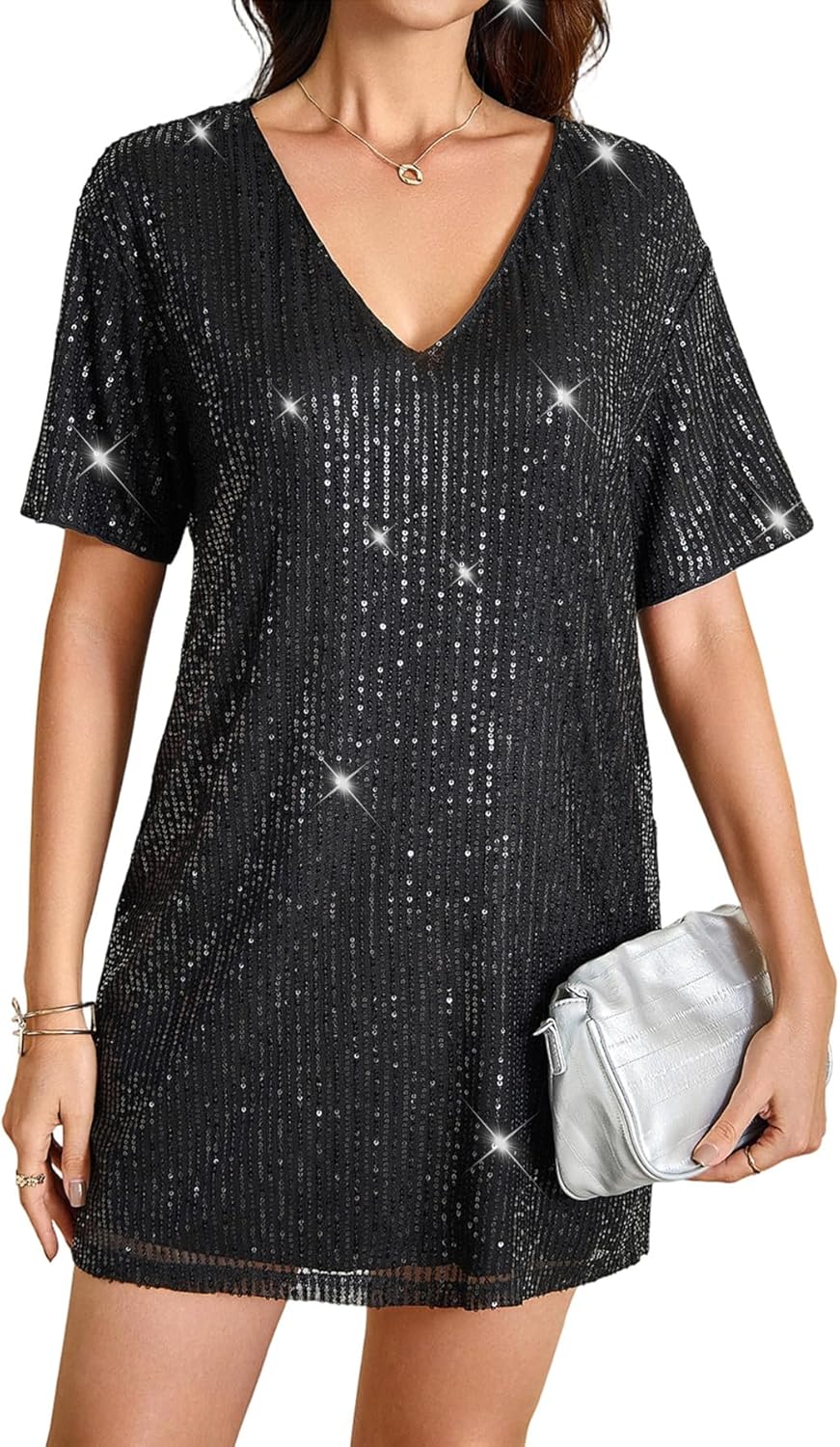 OYOANGLE Women's Sequin Sparkly Short Sleeve Tunic Tshirt Dress Loose Glitter Cocktail Party Mini Dress
