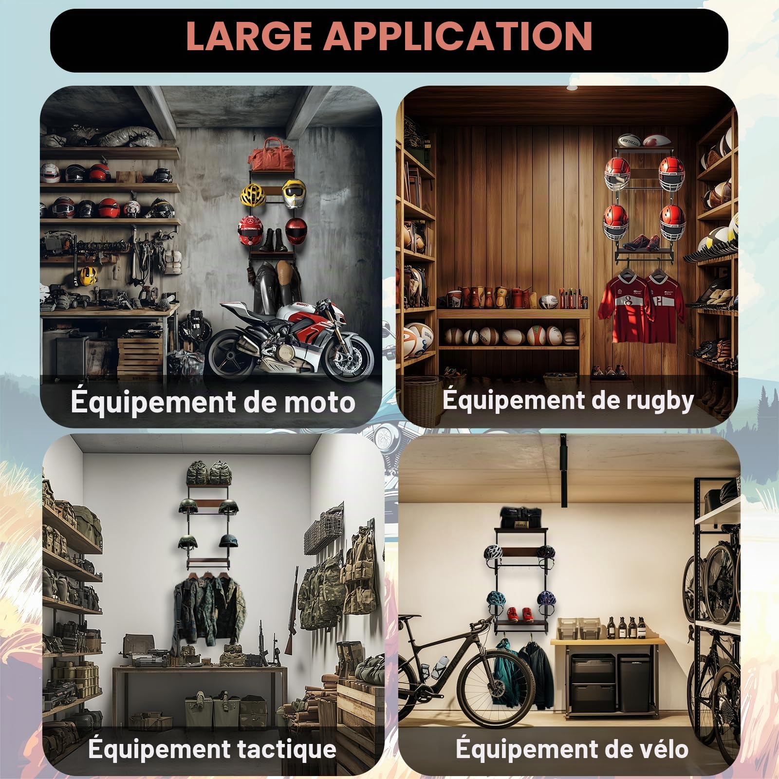 Support Casque Moto, Porte Casque Moto Mural pour Accrocher Le Casque et la Veste de Moto au Mur,Avec des planches en bois doubles，pour ranger vos accessoires de moto