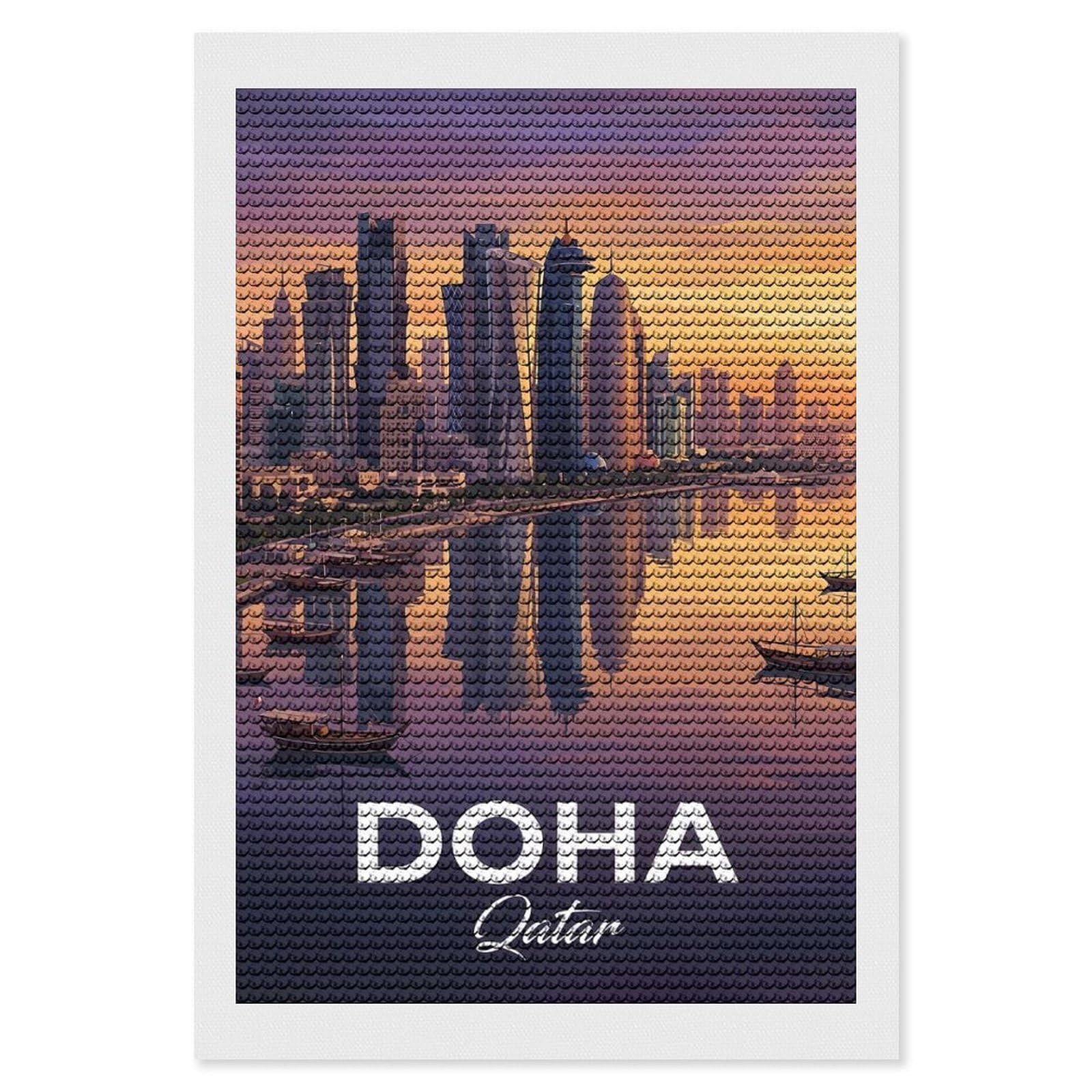 Junmoney Doha, Qatar Skyline at Sunset Diamond Art Kit 8"x12", Modern Decor, for Adults, Printed Canvas, Holiday Gift Idea, Fun Craft Experience