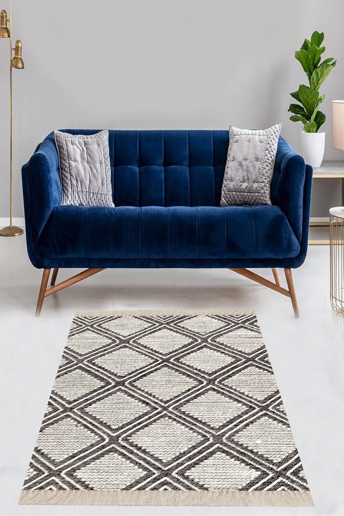 Pelangi Geometrik Karo Desenli Dijital Baskı Yıkanabilir Kaymaz Taban Etnik Kilim Desen Salon Halı, Gri 120 x 160, 425470012016005