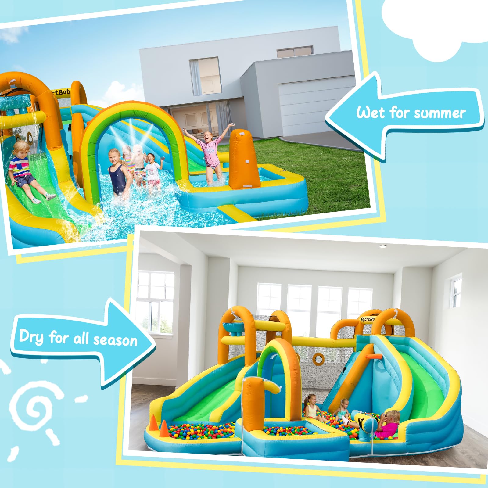Hüpfburg mit Gebläse und Wasserrutsche, Hüpfburg Kinder für Indoor & Outdoor, Groß Wasser hüpfburgen wasserpark Kinder Outdoor mit Doppelrutsche, Regenbogentor, Wasserkanonen