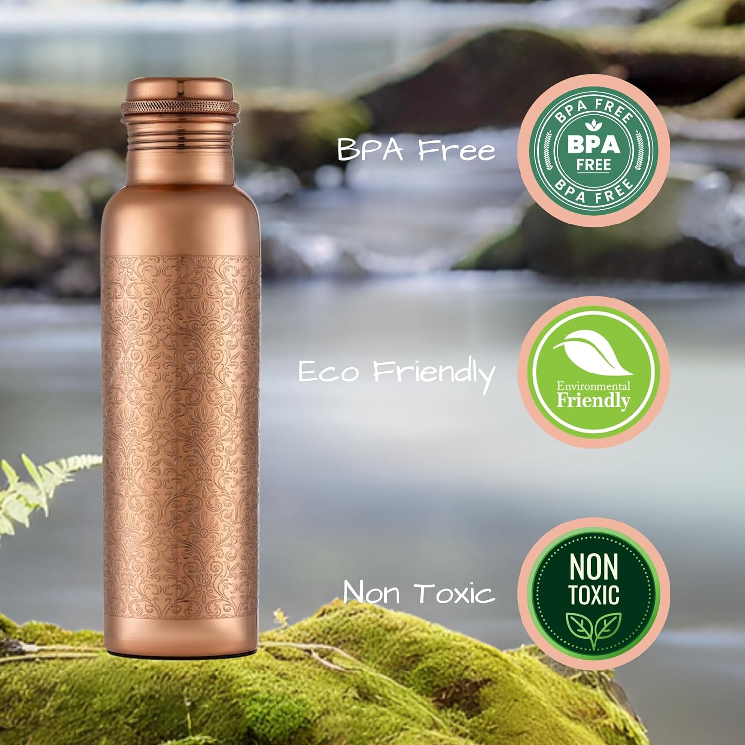 Pure Copper Water Bottle - Reusable BPA Free Non-Insulated Jointless Leakproof Durable Metal Bottles for Sports and Travel - 32 Oz - Engraved
