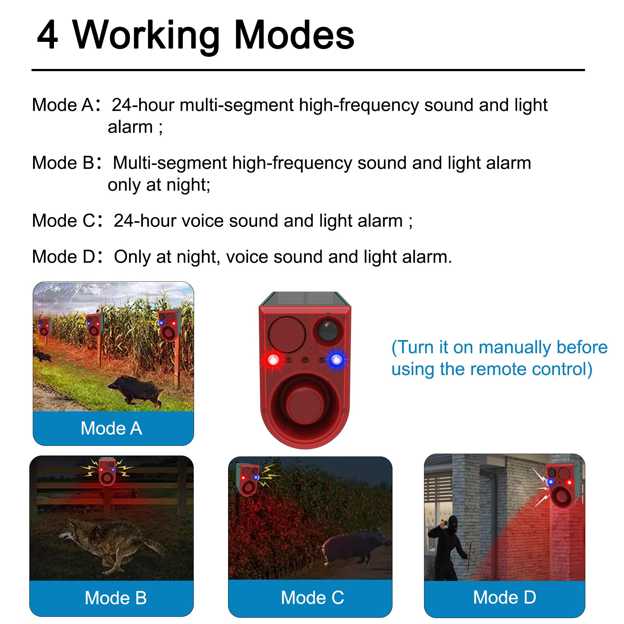 Alarme Solaire d'extérieur avec détecteur de Mouvement - avec télécommande - 13 Types de Sons - Lumière stroboscopique Rouge et Bleue avec USB - Dites Adieu aux intrus