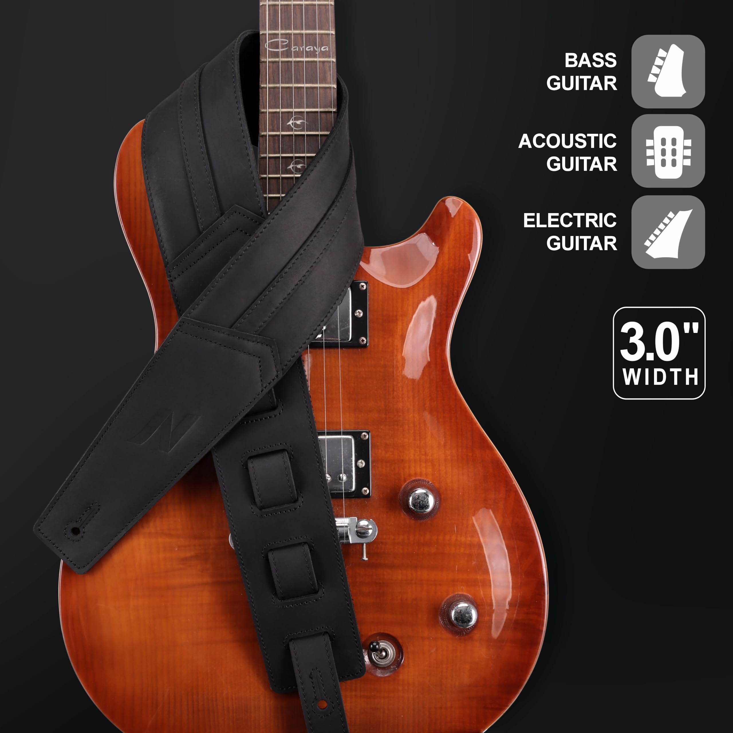 Nefelibata Tracolla per chitarra 3", in pelle pieno fiore di prima qualità, lunga 57" con imbottitura in schiuma, per basso, chitarra elettrica e acustica（Nero carbone）