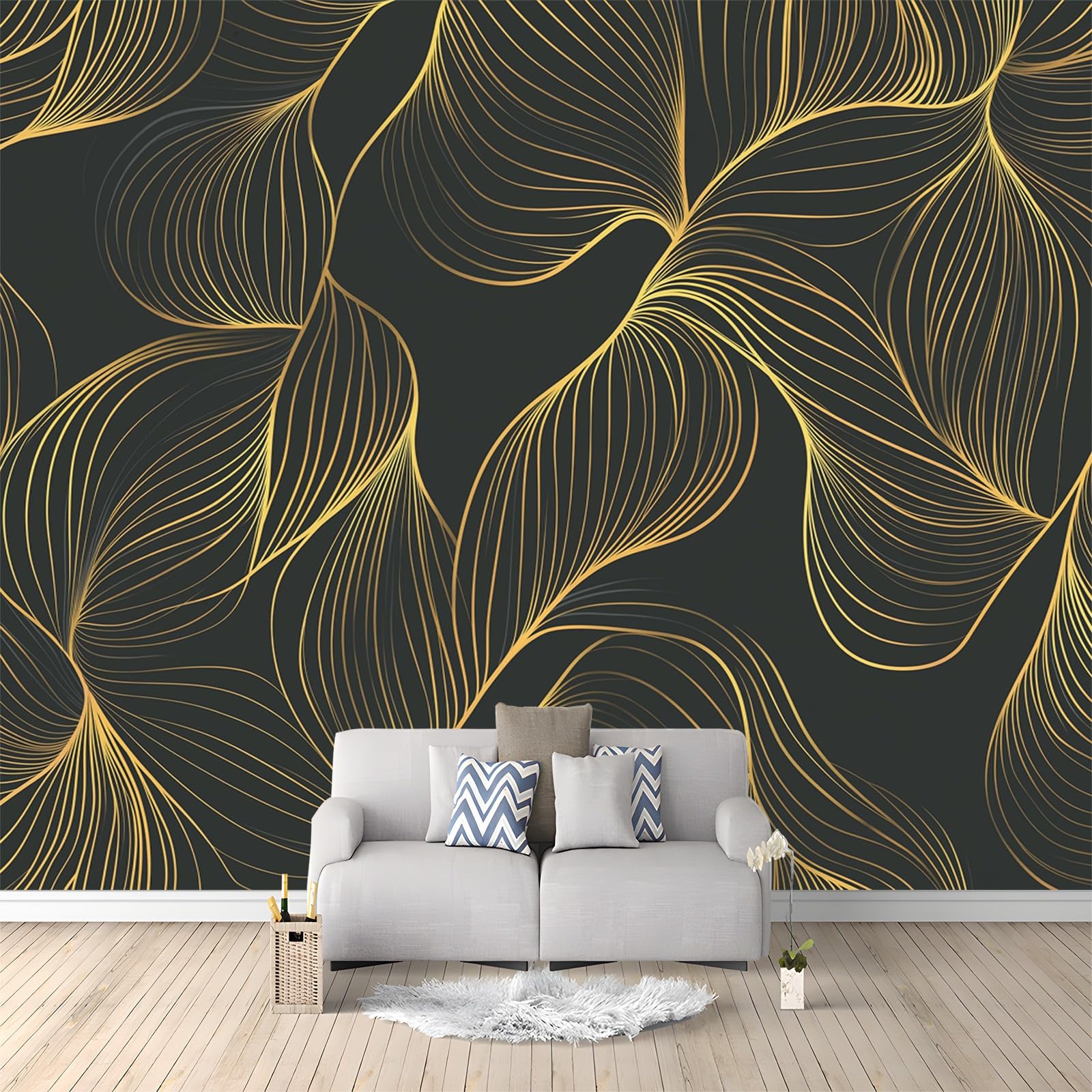 WHUOEUCO 3D Mural Photo Wallpaper Geometric Gold Line Art 300x210 cm Large Art Poster Non-Woven Wallpaper, Wall Decor Murals for Bedroom, Living Room, Kids Room