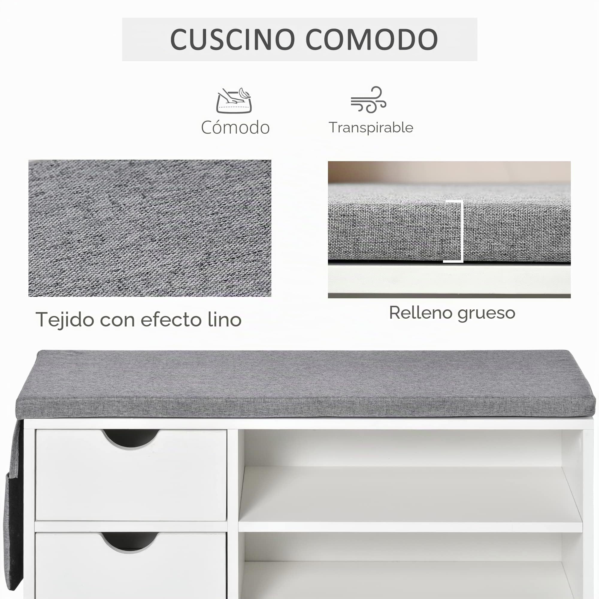 HOMCOM Banco Zapatero con Asiento 2 Estantes Bolso Cojín Extraíble y 2 Cajones Banco Recibidor Capacidad para 4 Pares de Zapatos para Entrada Pasillo Moderno 80,5x30,5x43,5 cm Blanco y Gris